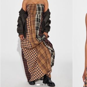 Fashion Nova Plaid Patchwork Maxi Dress - Black and Brown